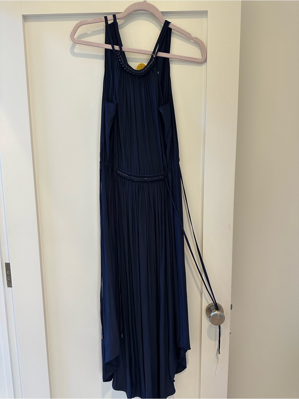 Ramy Brook Women's Navy Blue silk Pleated Maxi Dress chain detail Small